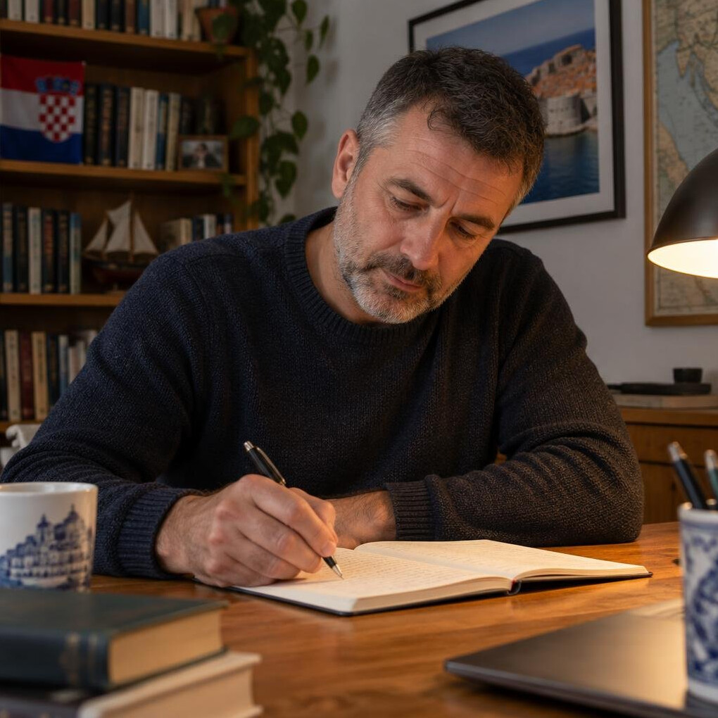Croatian man in his 40s writing by hand at a wooden desk in a home study