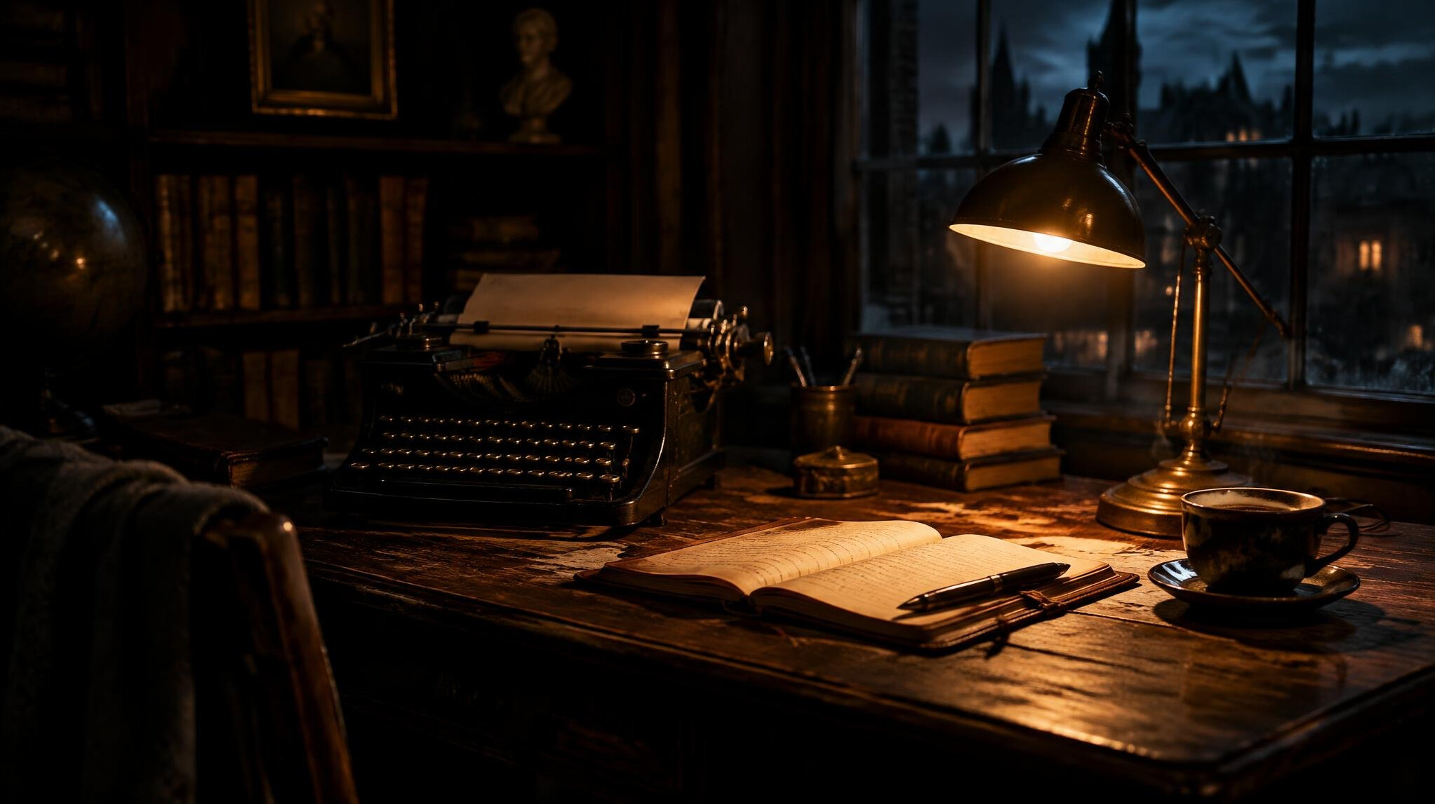 Old wooden writing desk with a typewriter, notebook and dim lamp light