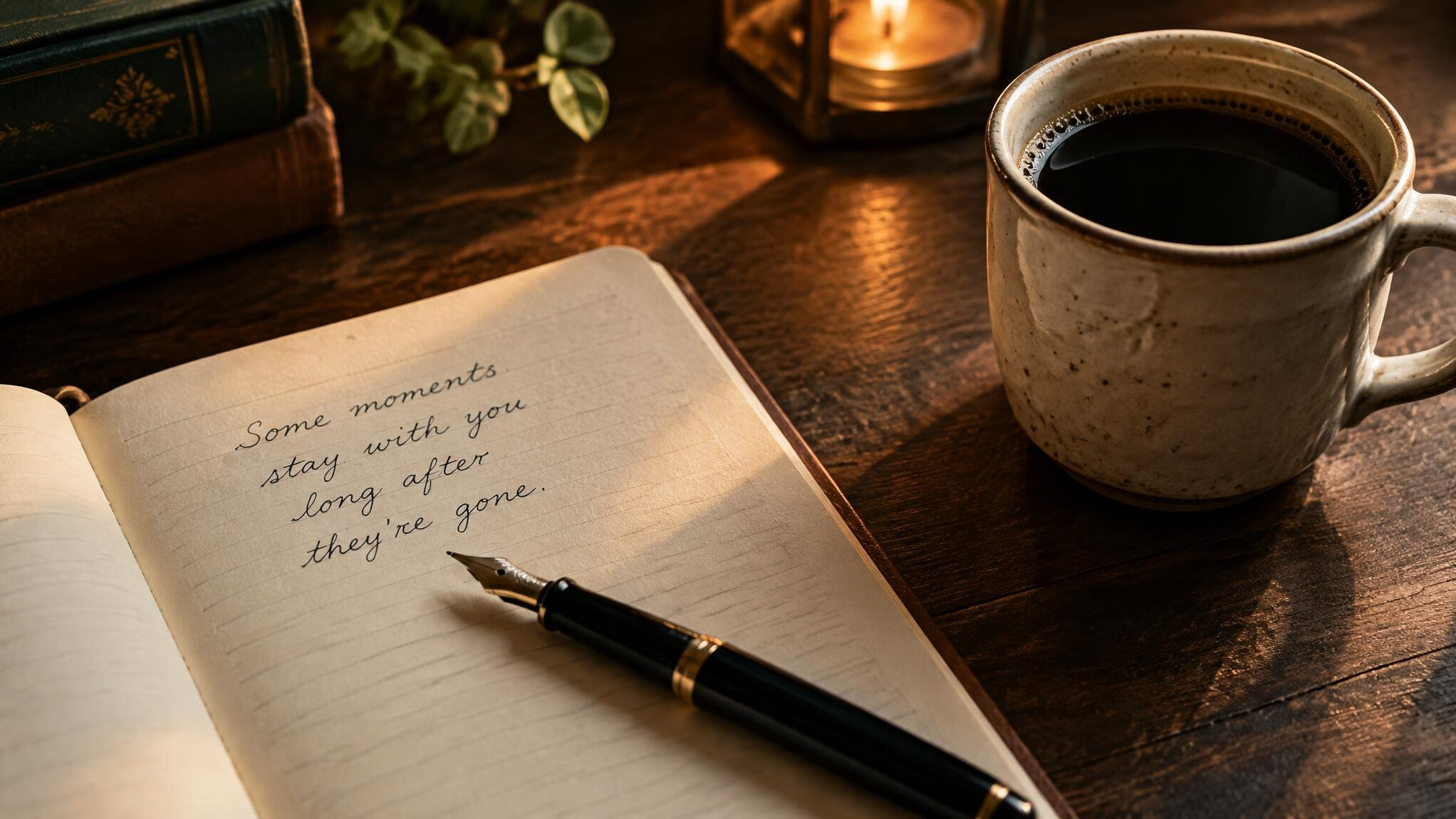 Close-up of a handwritten notebook, fountain pen and cup of coffee on a wooden table