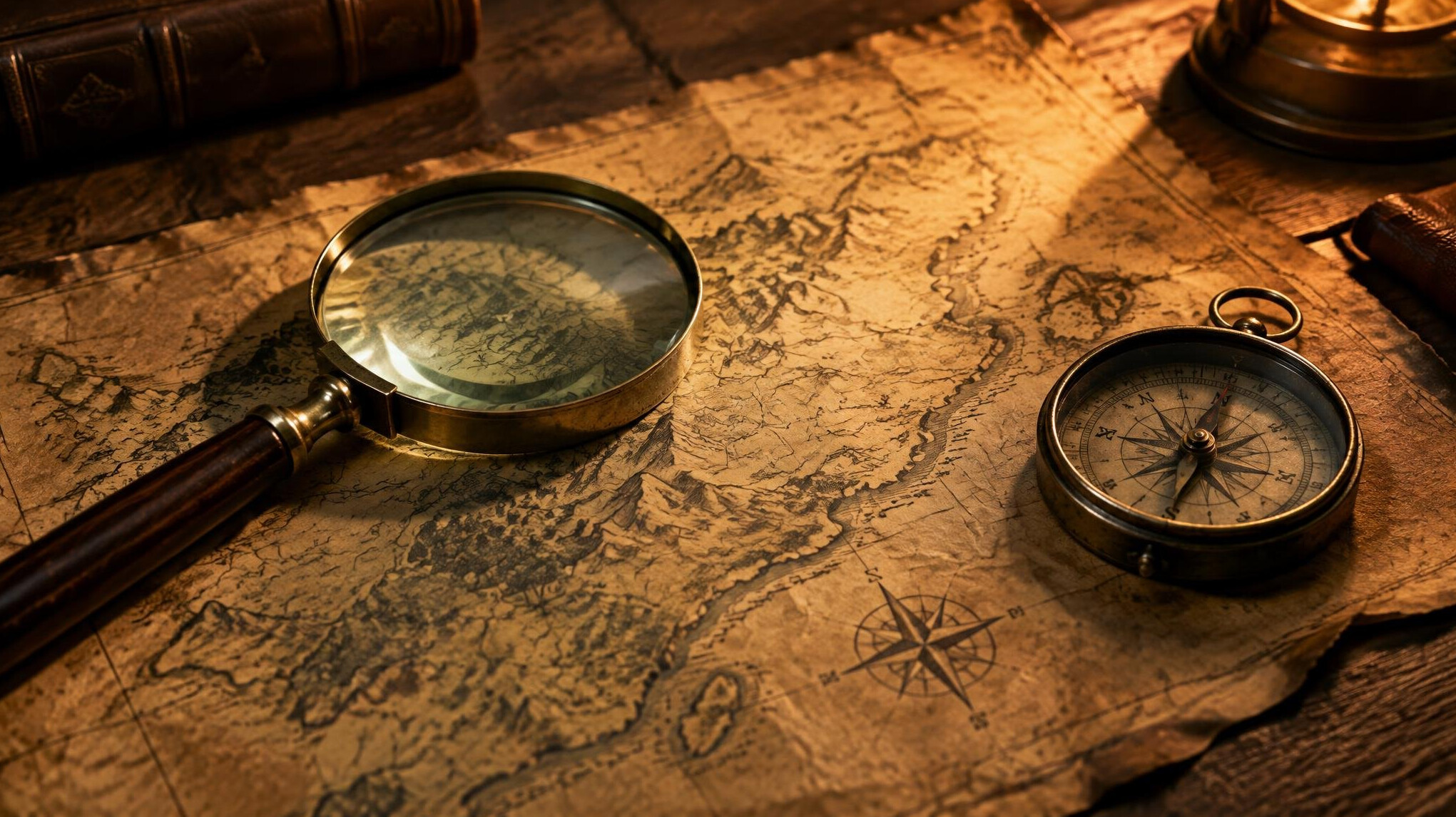 Vintage map with a magnifying glass and compass resting on top