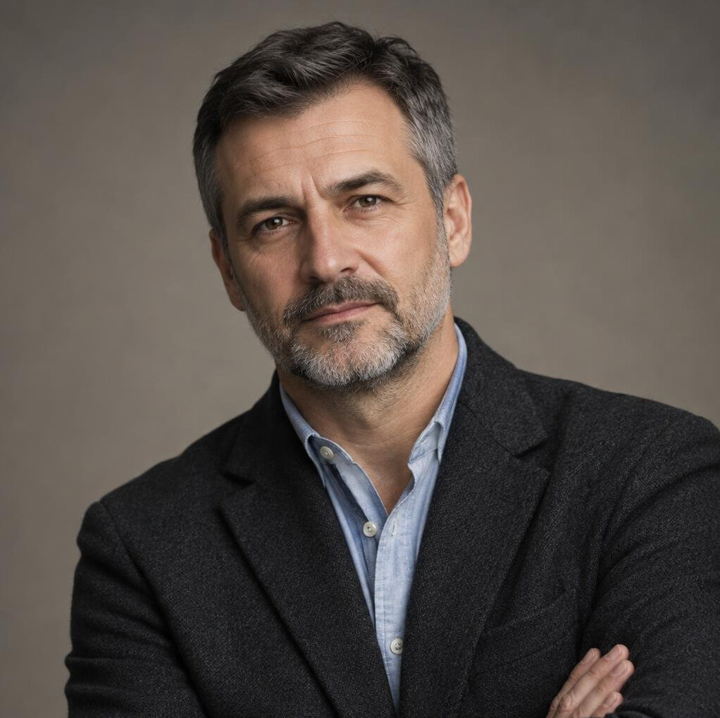Studio portrait of a middle-aged Croatian man with a beard wearing a dark jacket