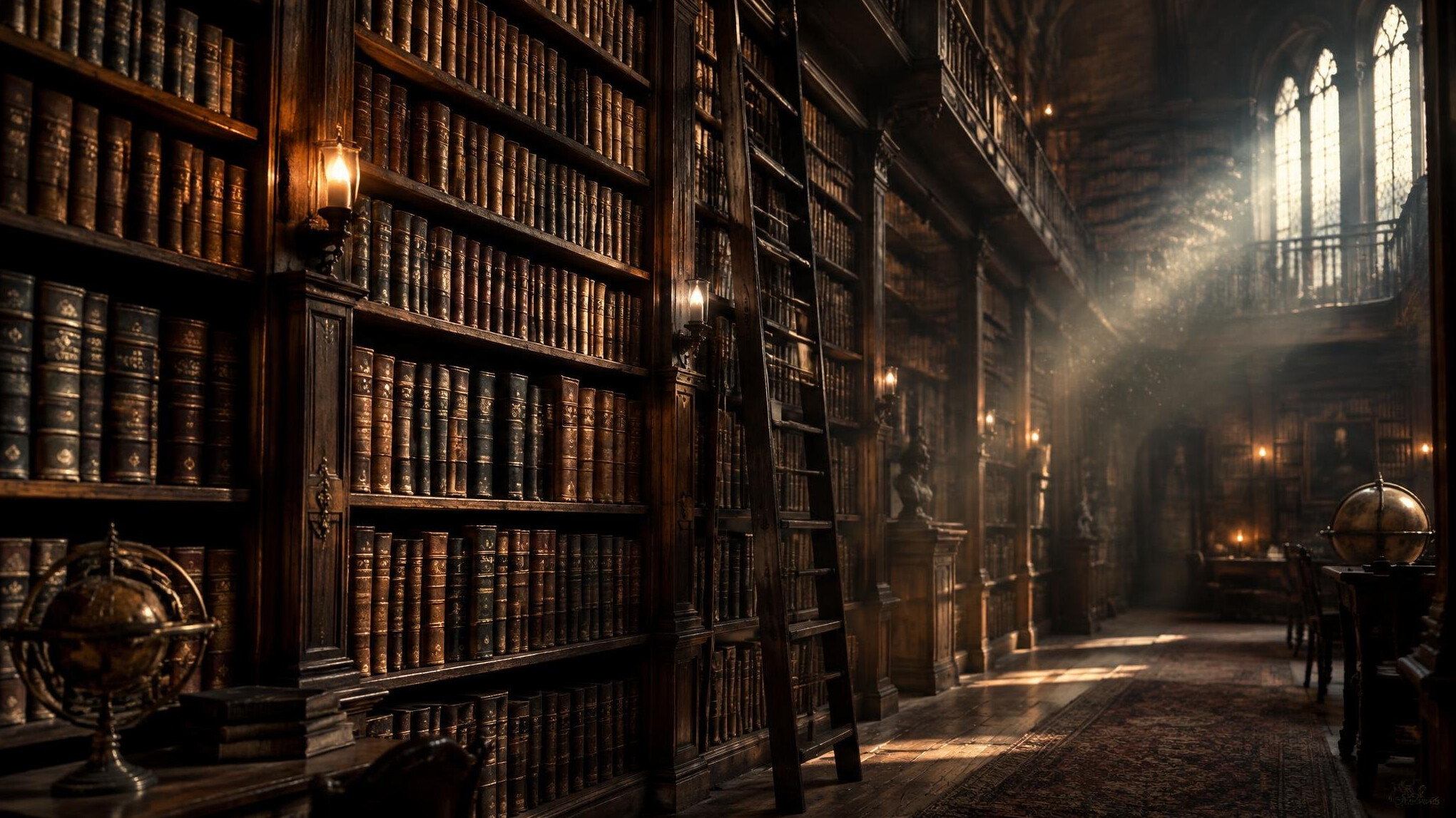Tall old library bookshelves filled with leather-bound books